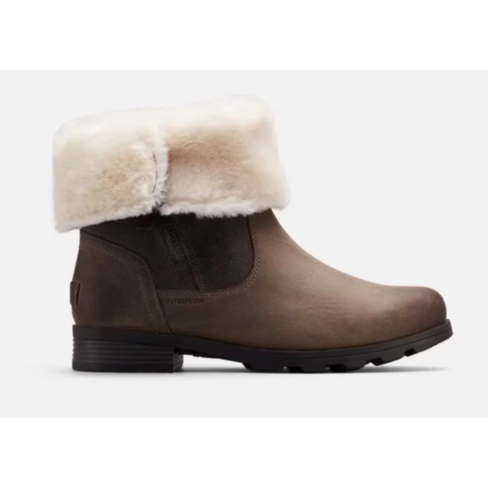 Sorel Phoenix Moto Waterproof Leather Suede Faux Fur Boots Quarry Brown Womens 6